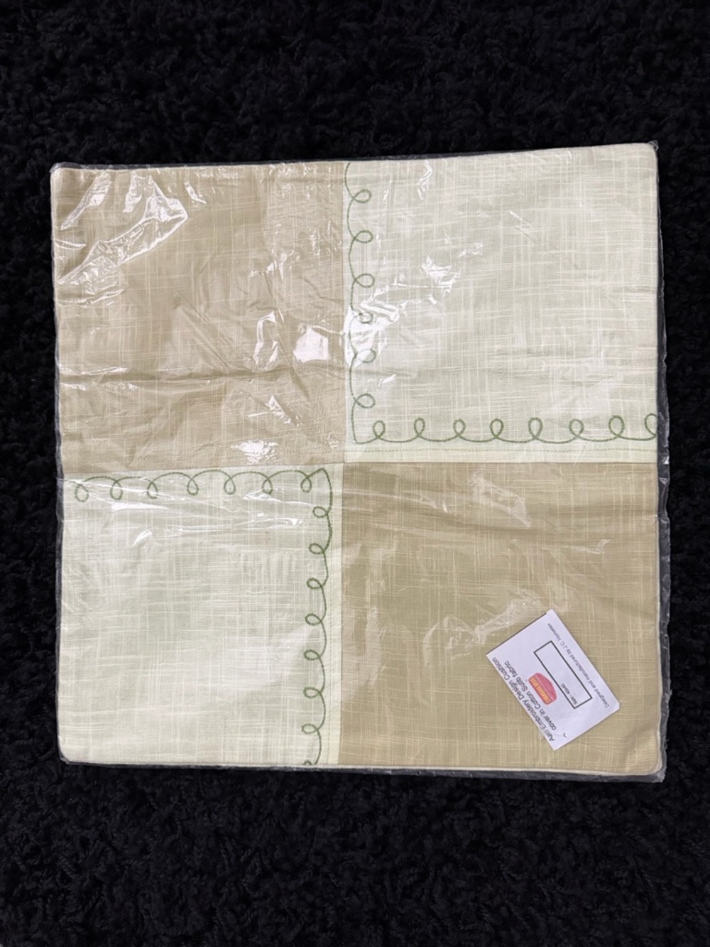 Neutral Patchwork pillow covers with Green Scroll Stitching - Set of 2